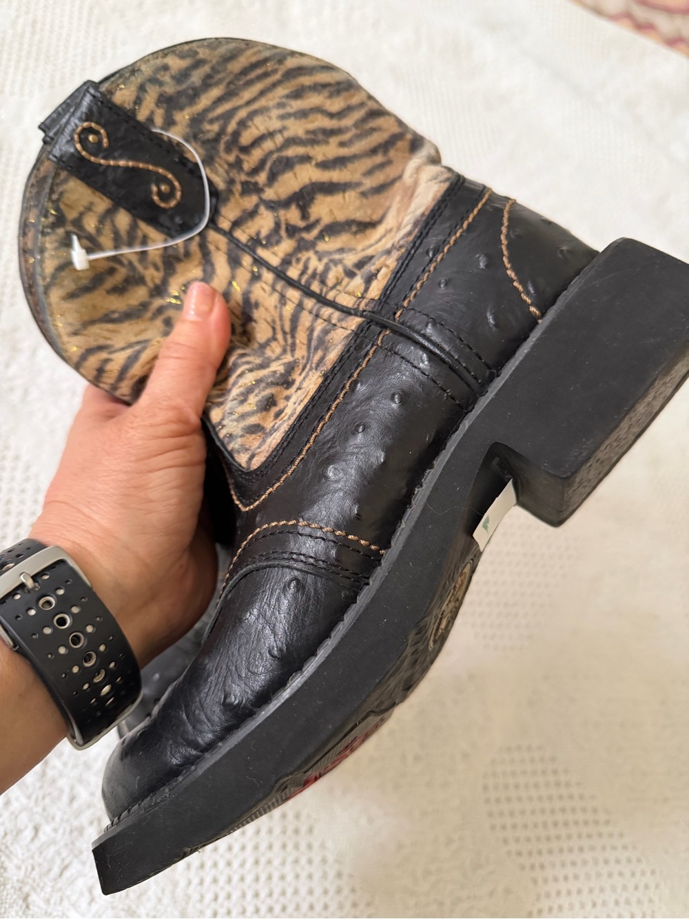 Justin Boots Black Leather Western Boot with Tiger-Print Shaft
